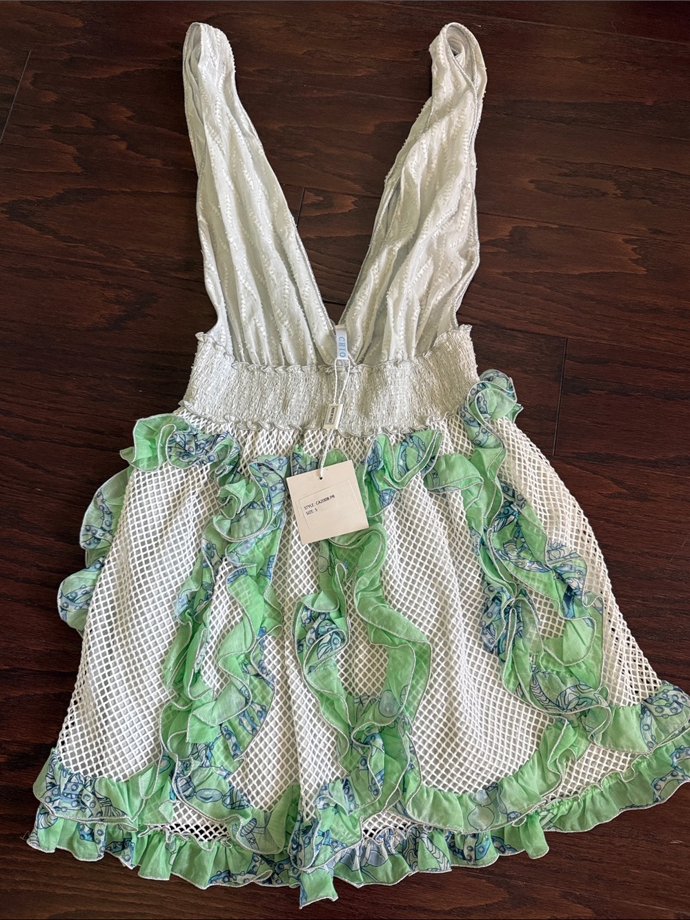 White Mesh Mini Dress with Green Ruffled Trim